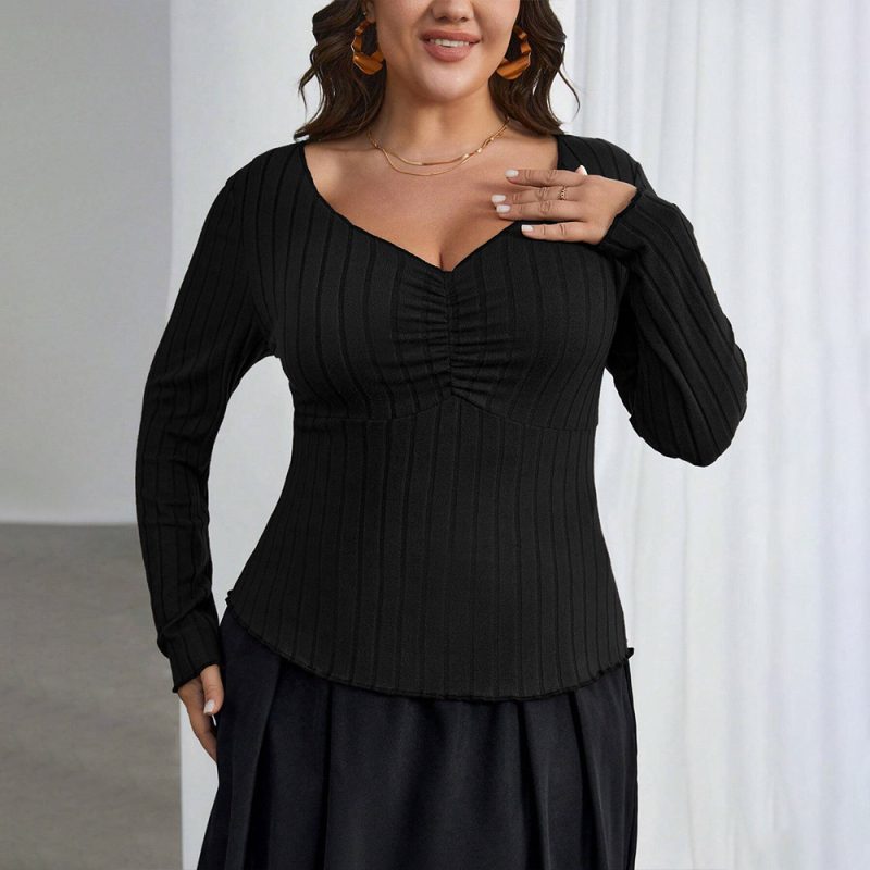 Plus Size Elegant Square Collar Slim Long Sleeve T-Shirt - Image 2