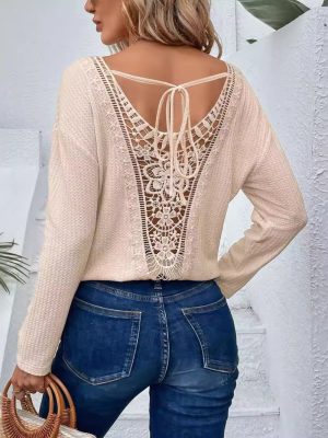 V-Neck Lace Back Tied Bow Top – Elegant Long Sleeve Autumn Winter