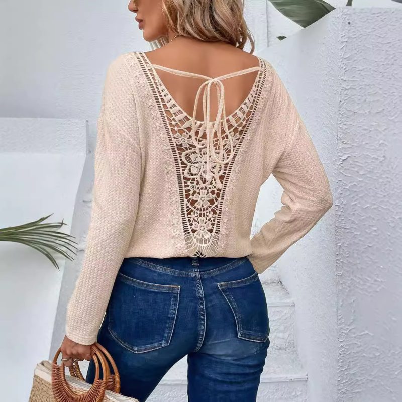V-Neck Lace Back Tied Bow Top - Elegant Long Sleeve Autumn Winter