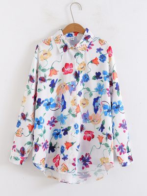 Floral Loose Fit Collared Shirt for Women – Long Sleeves