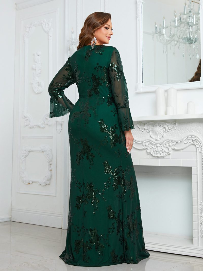 Plus Size Sequined V-Neck Long Sleeve Slit Fishtail Evening Gown - Image 3