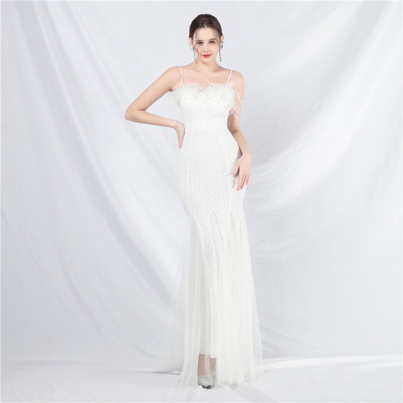 Ostrich Feather & Sequin Mesh Evening Dress - Image 2