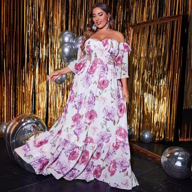 Plus Size Off Shoulder Chiffon Printed Dress with Waist Cutout and 3/4 Sleeves - Image 4