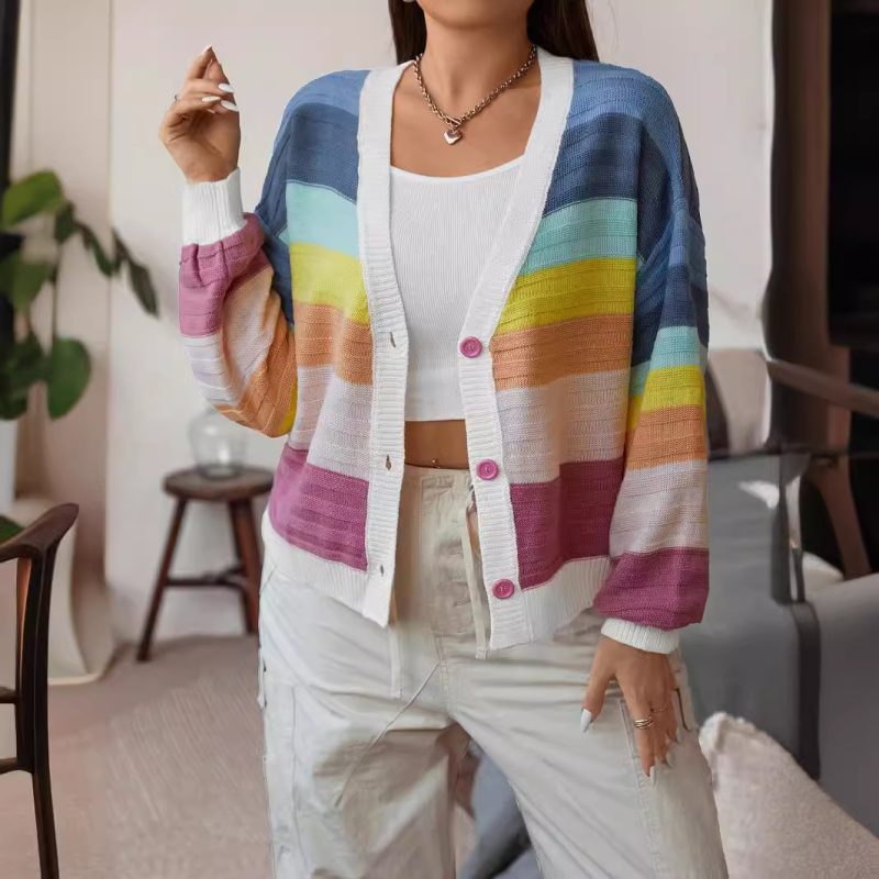 Striped Knit Cardigan Coat - Buckle-Free Autumn/Winter Wear - Image 2