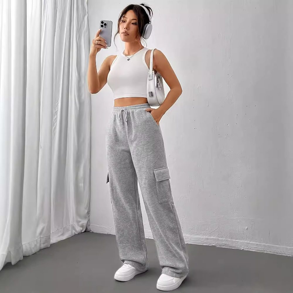 Gray Overalls for Women - Loose Wide Leg Sports Pants, Autumn-Winter Casual - Image 4