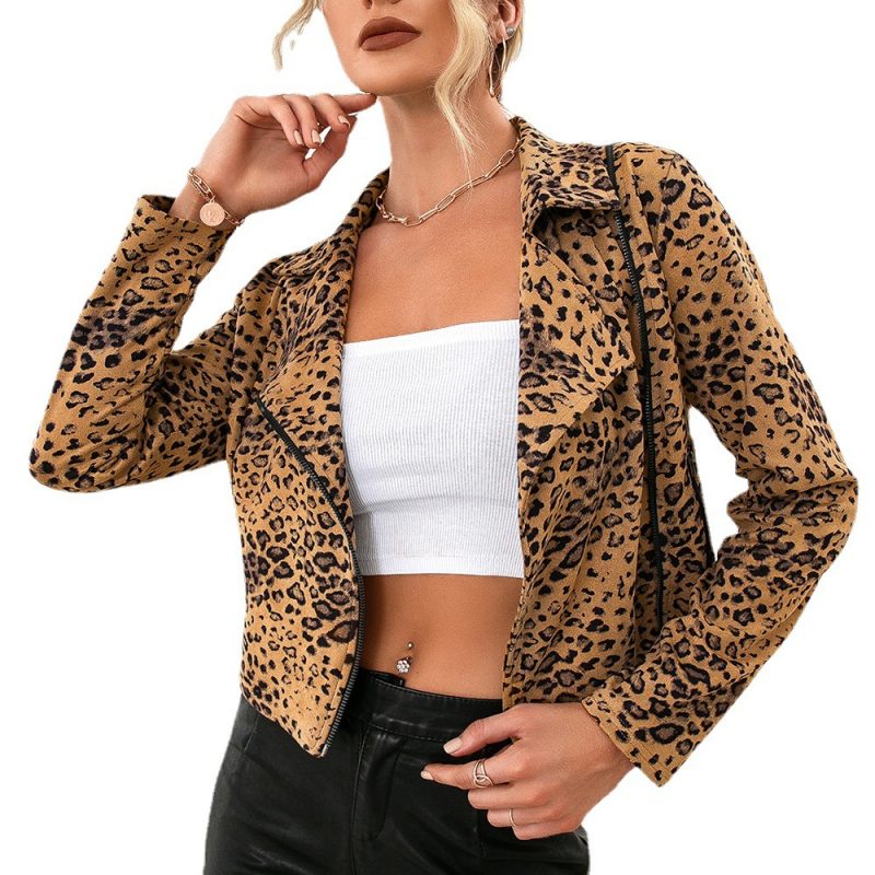 Women's Autumn Winter Casual Leopard Print Long Sleeve Side Zipper Jacket - Image 4