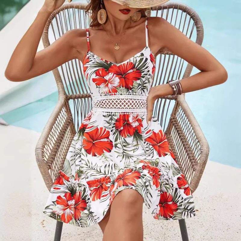 Floral Print Lace Spaghetti Strap Ruffled Beach Shorts - Image 2