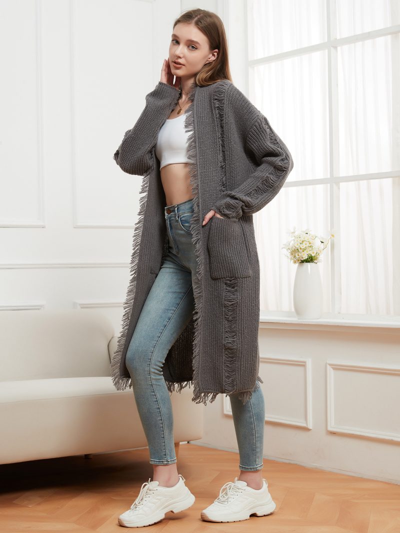 Women’s Knitted Solid Color Frayed Cardigan Sweater Coat - Image 5