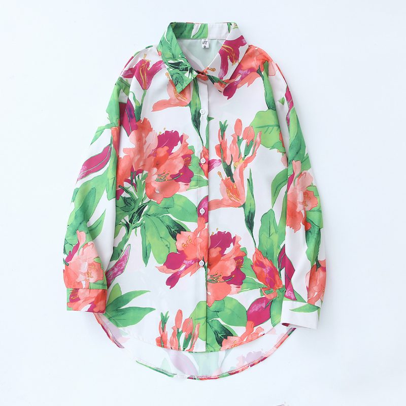 Women's Floral Print Long Shirt - Loose Fit, Collared, Long Sleeves - Image 3