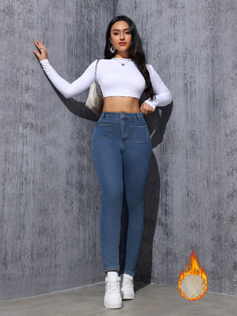 Fleece-Lined Skinny Stretch Denim Pants - Winter Warmth - Image 3