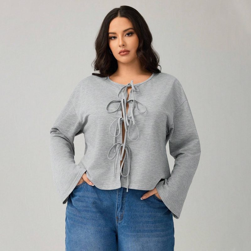 Plus Size Sexy Lace-Up Cardigan Top - Loose Fit, Autumn/Winter - Image 2
