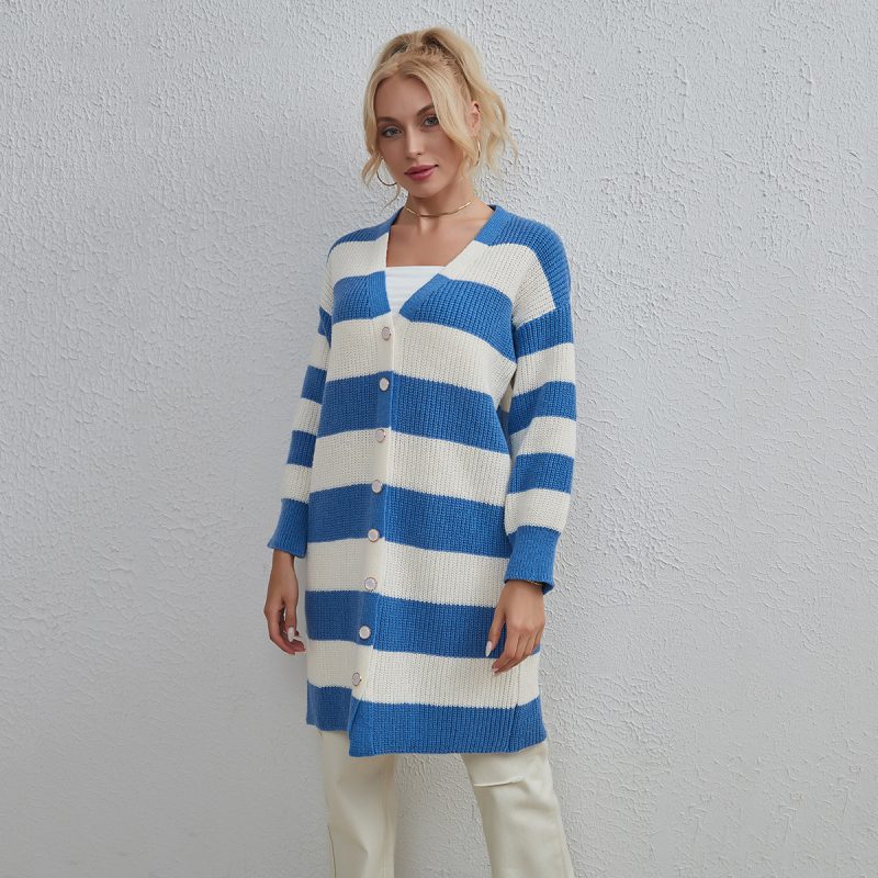Mid-Length Striped Knitted Sweater Coat for Women - Image 2
