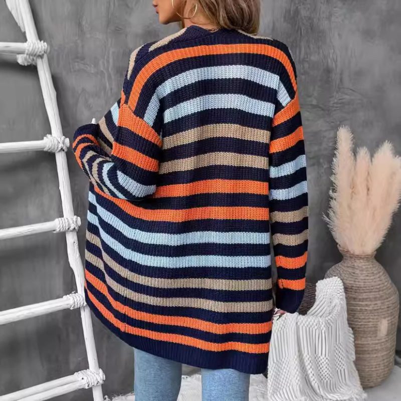Classic Striped V-Neck Cardigan - Loose Knit Sweater - Image 3
