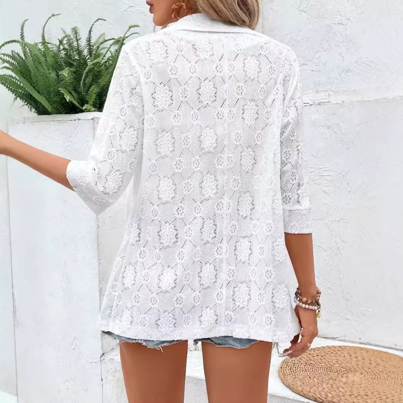 Elegant Lace Sleeve Collared Top - Solid Color Autumn Winter Women’s Wear - Image 2