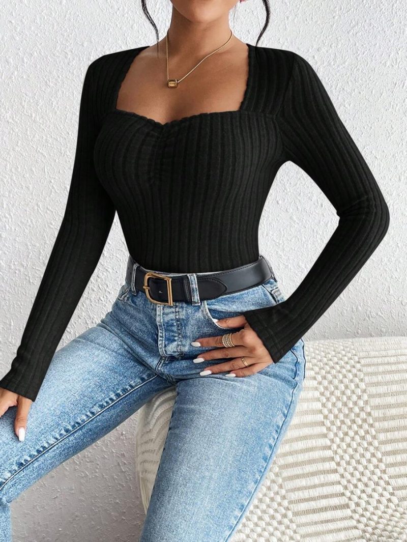 Slim Knit Pleated T-Shirt - Autumn Winter, Long Sleeve - Image 2