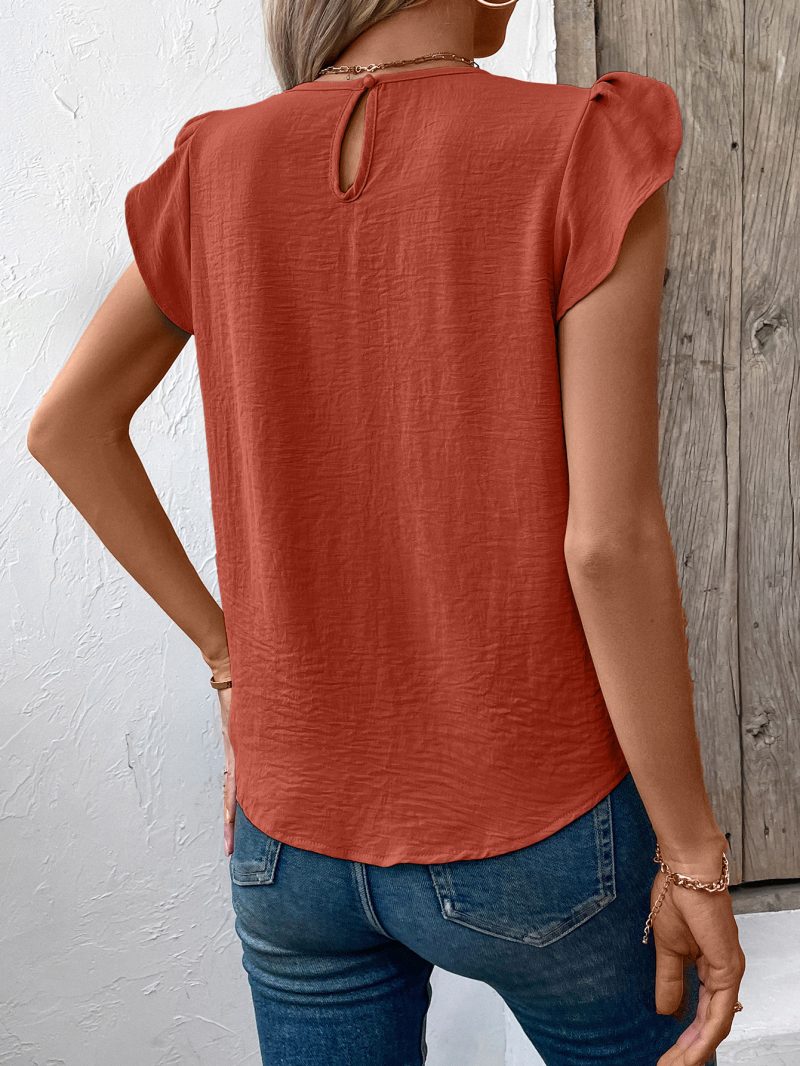 Women's Casual Round Neck Solid Color Ruffle Sleeve Short Sleeve Pullover T-Shirt - Image 2
