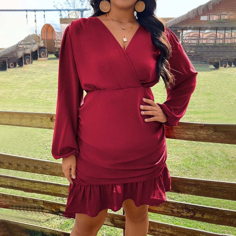 Plus Size Wine Red Pleated Elegant Dress for Autumn Winter - Image 3