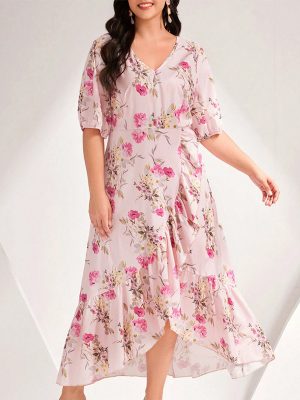 Plus Size V-Neck Ruffled Summer Dress – Short Sleeve