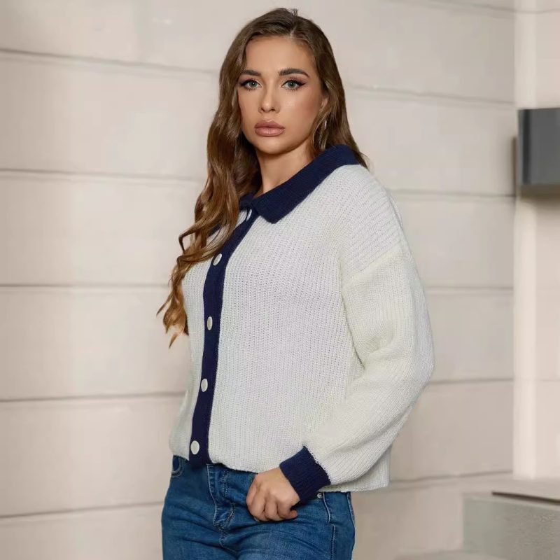 Polo Collar Knitted Cardigan - Long Sleeve Solid Color Top - Image 3