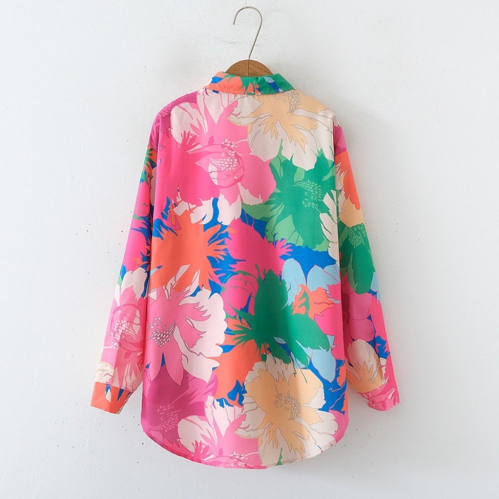 Printed Loose Collared Long Sleeve Shirt - Women’s Top - Image 2