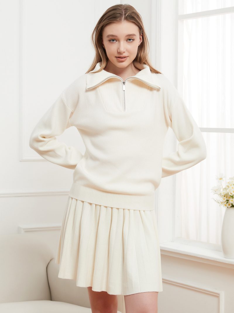 Solid Color Zipper Pullover & Pleated Skirt Set - College Style - Image 6