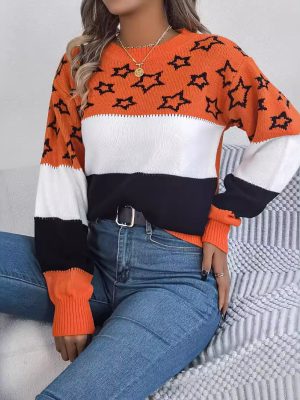 Color Matching Star Sweater – Lantern Sleeve Autumn Winter Pullover