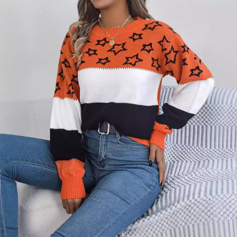 Color Matching Star Sweater - Lantern Sleeve Autumn Winter Pullover