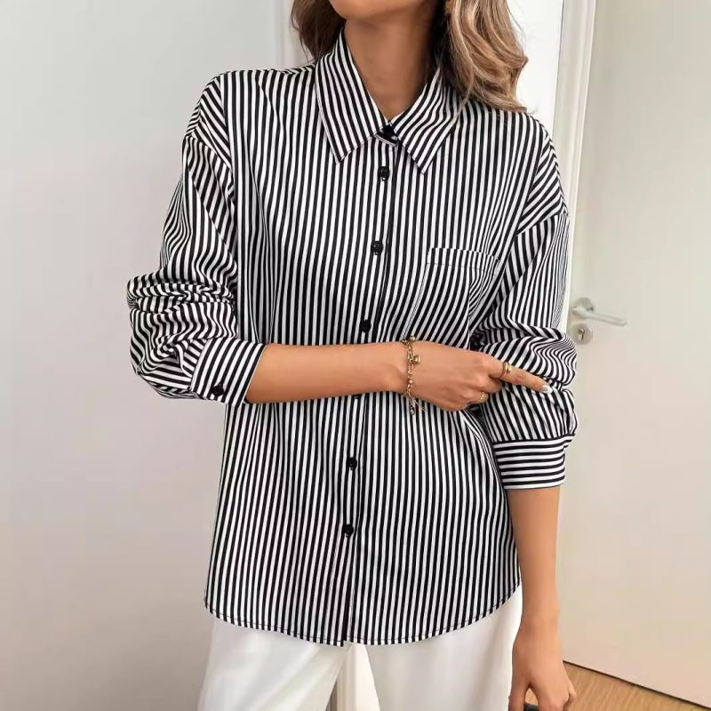 Elegant Striped Button-Up Shirt with Back Bow for Women - Image 2