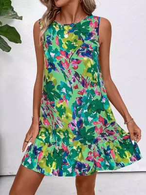 Elegant Summer Floral Print Ruffled Sleeveless Dress