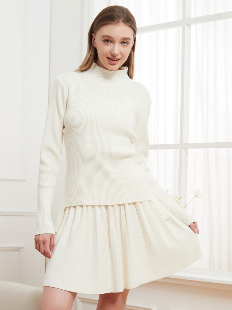 Solid Color Stand Collar Sweater & Pleated Skirt Set - College Style - Image 5