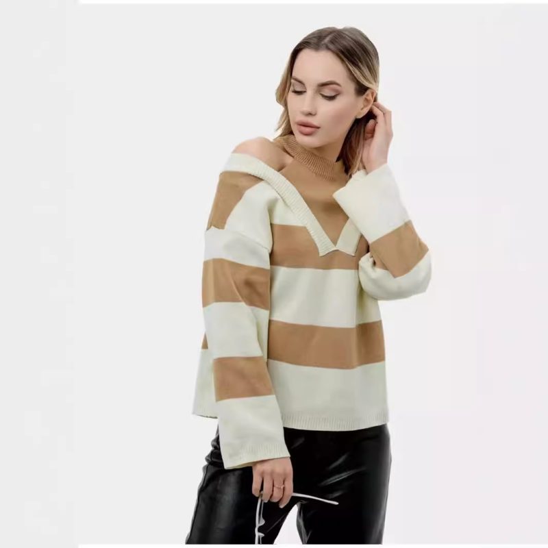 Retro Western Off-Shoulder Striped Sweater - Faux Two-Piece - Image 2