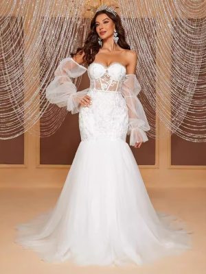 Elegant Off-Shoulder Tube Top Hollow Out Cutout Fishtail Bridal Wedding Dress