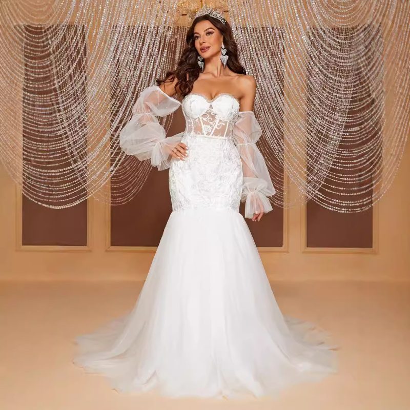 Elegant Off-Shoulder Tube Top Hollow Out Cutout Fishtail Bridal Wedding Dress