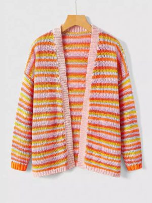 Striped Knitted Cardigan Coat – Buckle-Free Autumn/Winter