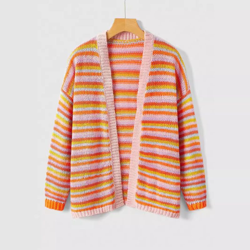 Striped Knitted Cardigan Coat - Buckle-Free Autumn/Winter