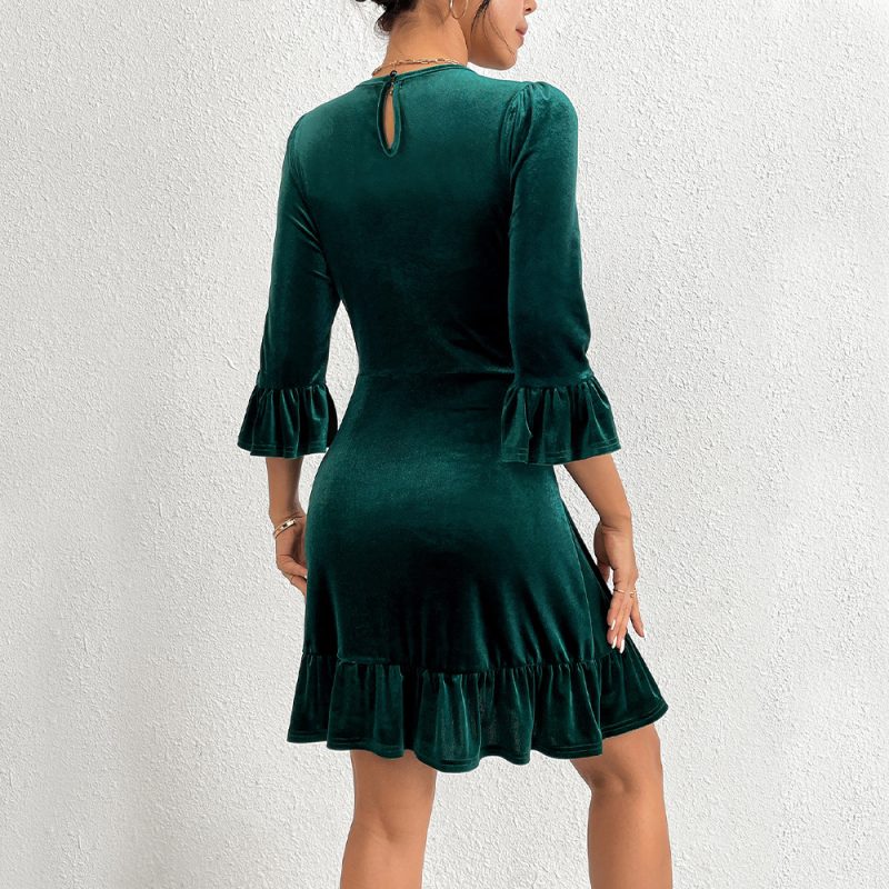 Elegant Velvet Ruffled Short Dress - Autumn/Winter - Image 2