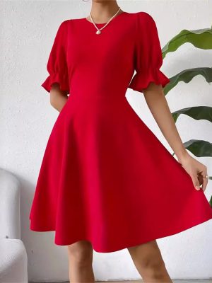 Square Collar Puff Sleeve Ruffled A-line Dress – Women