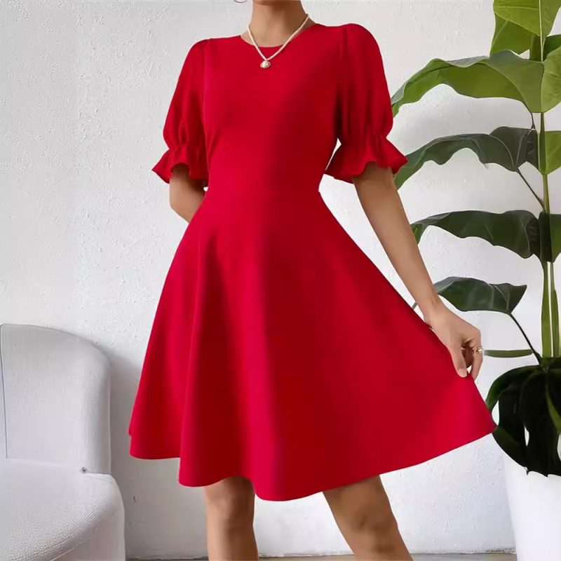 Square Collar Puff Sleeve Ruffled A-line Dress - Women