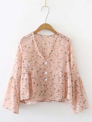 Vintage Floral V-Neck Chiffon Shirt for Women – Flared Sleeves