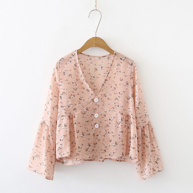 Vintage Floral V-Neck Chiffon Shirt for Women - Flared Sleeves