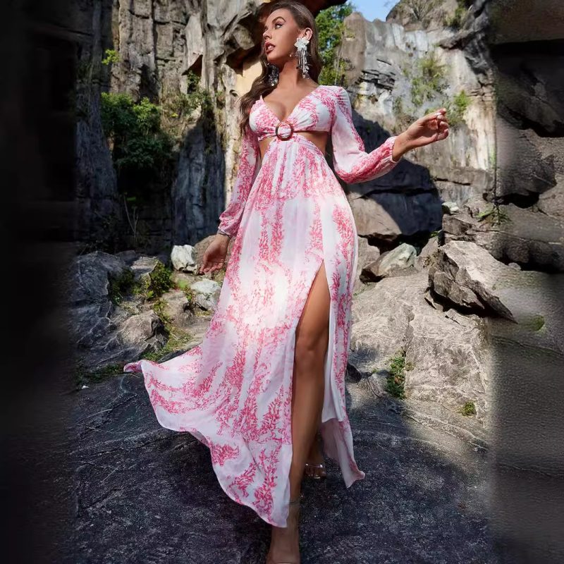 Sexy Chiffon Printed Long Sleeve Hollow Out Cutout Split Maxi Dress - Image 5