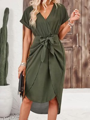 Solid Color Slit Waist Loose Dress – Short Sleeve Spring/Autumn