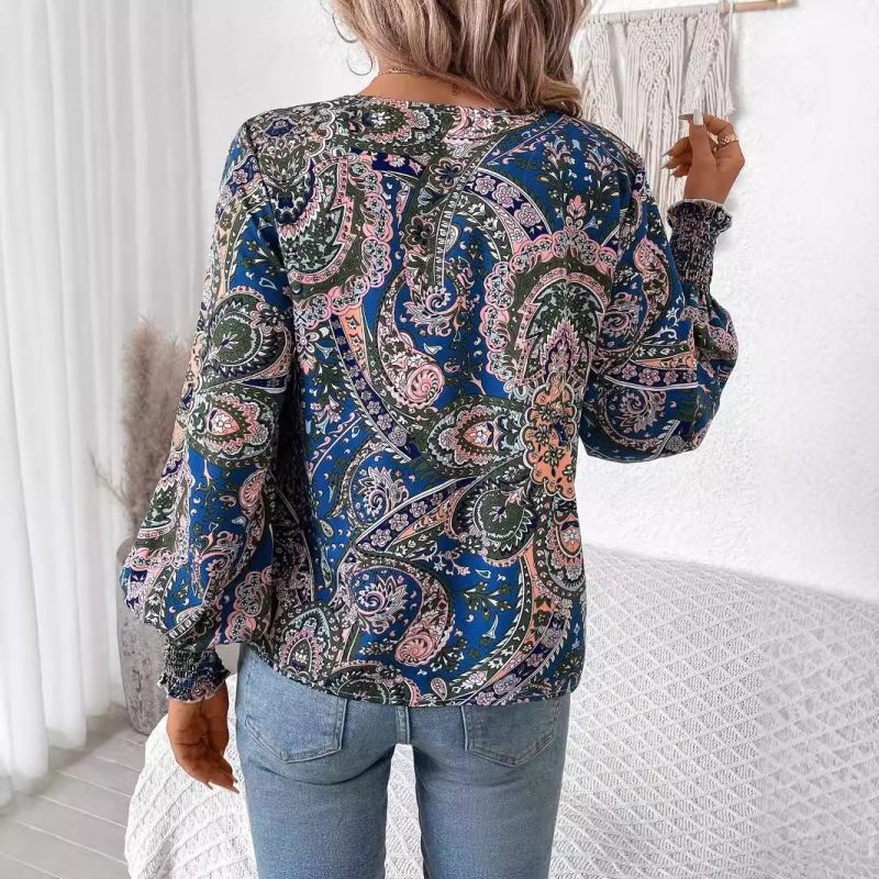 Elegant V-Neck Printed Lantern Sleeve Long Shirt Top for Women - Image 2