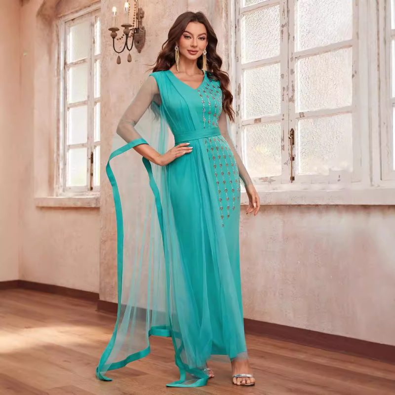 Spring Summer V-Neck Long Sleeve Rhinestone Mesh Stitching Cocktail Dress - Image 5
