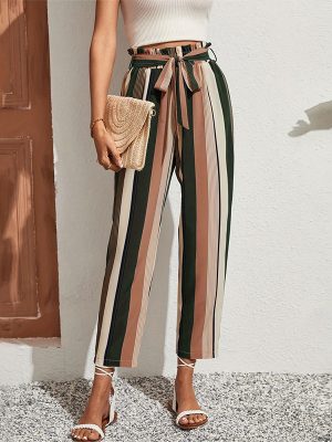 Striped Paper Bag Pants – Belted Waist & Ankle Length for Women