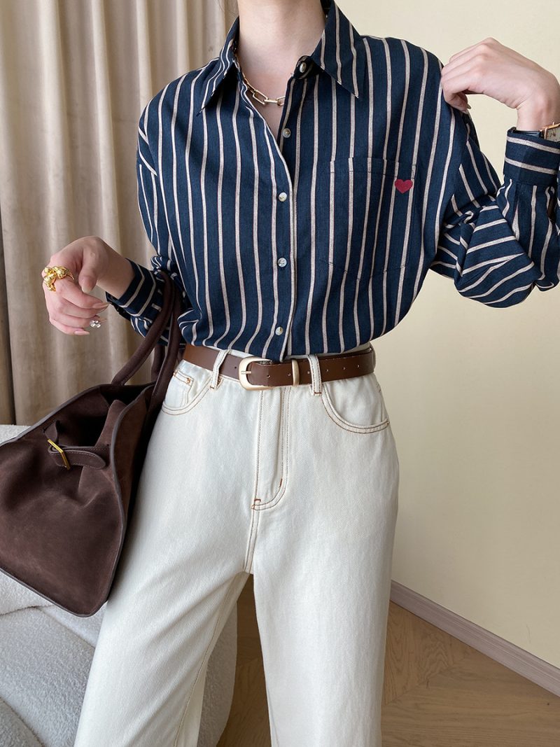 French Embroidery Striped Slimming Shirt Dress with Belt - Image 4