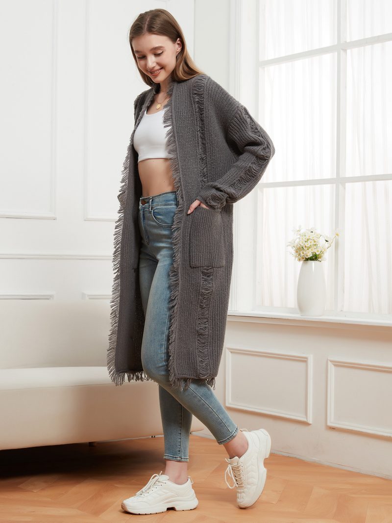 Women’s Knitted Solid Color Frayed Cardigan Sweater Coat - Image 4