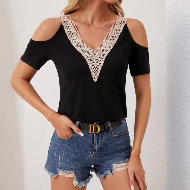 Elegant Lace V Neck Hollow Out Short Sleeve Top - Image 3