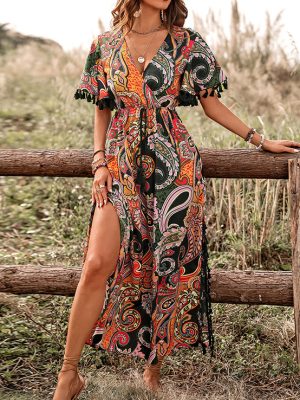 Slimming V Neck Summer Dress with Long Side Split and Tassel Waist