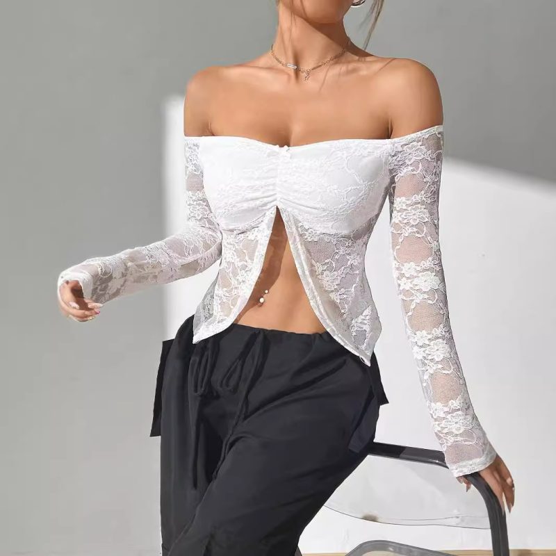 Elegant Off-Shoulder Lace Asymmetric Long Sleeve Top for Women - Image 4